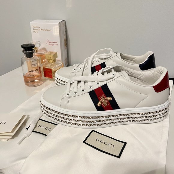 Gucci White Leather Crystal Studded Ace Lace Up Sneakers Size 38 - Picture 2 of 11